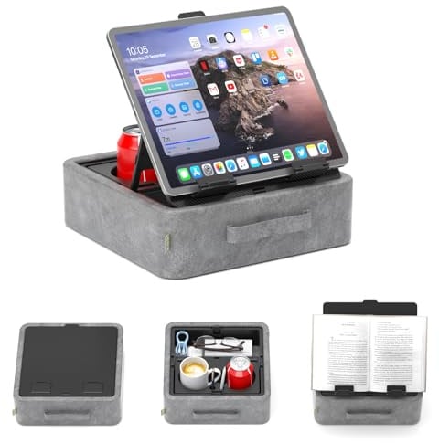 KDD 5 in 1 Tablet Pillow Holder,Foldable iPad Stand with Storage Tray,2 Cup Holders and Pen Slot,Adjustable Reading Pillow Stand for Lap,Bed,Desk and Couch Compatible with iPad Pro 12.9, Air,E-Reader
