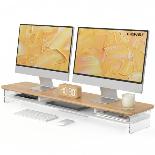 Fenge Support Ecran PC, Acrylique, Ordinateur TV, Chêne Foncé, 108cm | 2 Appareils, Charge 45kg, Design Flottant, Tablette Métal, Bord Surélevé, Pastilles Antidérap., Moniteur Écran Bureau Maison
