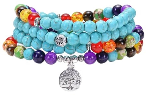 108 Bracelets ou collier multicouches Mala, sept Chakras, Yoga Om, arbre de vie, pendentif Lotus