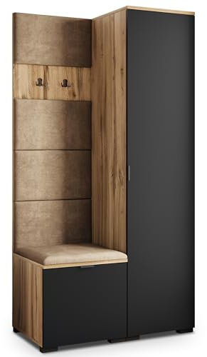 Masseno Flugarderoben Set Lori, Kleiderschrank-Set mit Sitzbank, Garderobenschrank Flur mit 3 Regalböden, Eiche Wotan/Schwarz