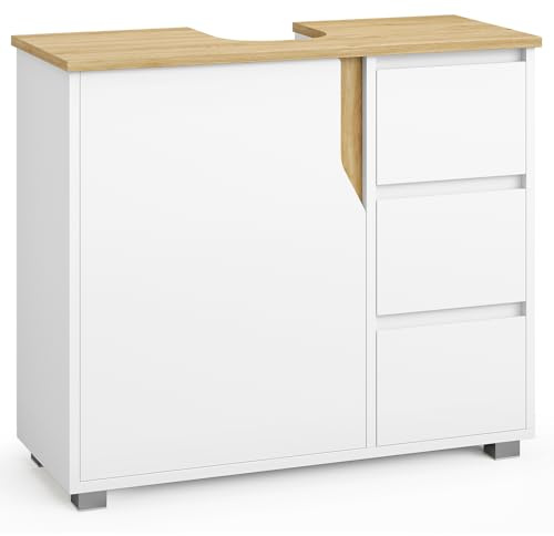 FORABAMB Waschbeckenunterschrank, Badezimmerschrank mit 3 große Schubladen, 2 Fächer hinter der Tür, verstellbare Ablage, Badezimmer Unterschrank,Waschtischunterschrank, Badschrank, 30x72x60 cm, Weiß