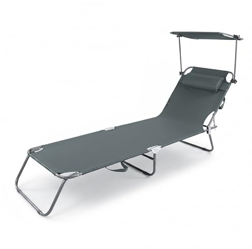 Baroni Home Sedia a Sdraio Pieghevole Reclinabile con Parasole Regolabile 360° e Cuscino Removibile, Lettino Prendisole in Metallo con Tessuto Idrorepellente, Portata 110 Kg, 186x55x24 cm Grigio