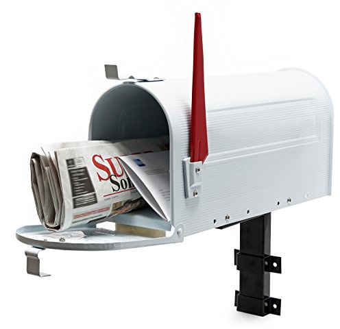 Wiltec Set US Mailbox weiß 180 x 220 x 480 mm, amerikanischer Briefkasten mit Fahne, Standbriefkasten Stahl amerikanisches Design mit passender Wandhalterung