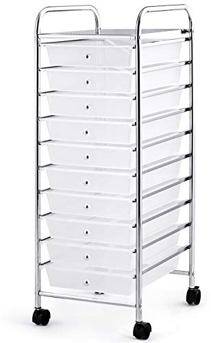 COSTWAY Rollwagen mit Schubladen Rollcontainer Badrollwagen Badtrolley Badregal Beistellwagen mit 10 stapelbaren Schubladen Metallgestell (Transparent)