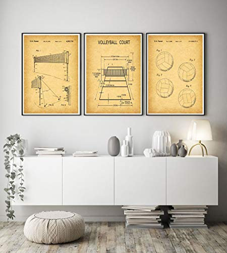 WallBUddy Volleyball Gift for Volleyball Player Poster 3 Volleyball Patent Prints Volleyball Blueprint Volleyball Team Volleyball Coach WB308-WB310 (30cm x 40cm, Vintage)