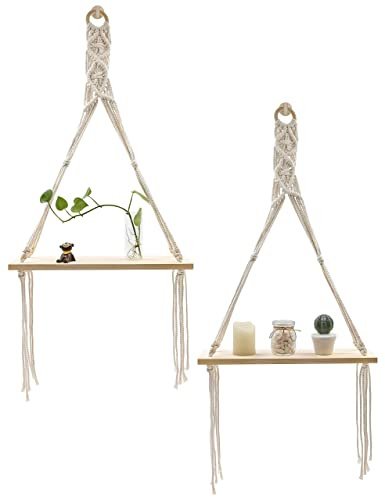 Afuly Wandregal Holz Wand Regal Makrame Hängeregal Boho Schaukel Pflanzenständer Wohnzimmer Schlafzimmer,2er Set