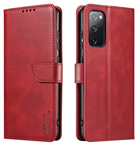 LOLFZ Handyhülle für Samsung Galaxy S20, für Samsung S20 Handyhülle, Premium PU Lederhülle mit Kartenfach Ständer Magnetische Klapphülle - Rot