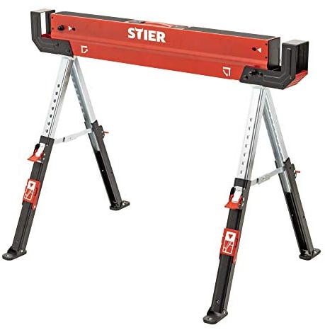 STIER Falt-Arbeitsbock Sägebock höhenverstellbar 590 kg, rutschfester Stand und Arbeits-Oberfläche, Klappbock, Arbeits-Unterstellbock, Sägebock, Metallbock, Tischbock klappbar