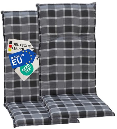 NYVI Gartenstuhl Auflagen Hochlehner 2er Set Barcelona - UV-Beständig, Atmungsaktiv, Strapazierfähig - Hochlehnerauflagen Sitzkissen Outdoor - Sitzauflagen für Gartenstühle 118x50cm Anthrazit kariert