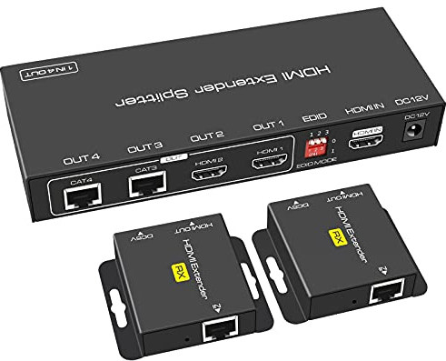 VEDINDUST HDMI Splitter Extender 1 in 2 Out 50m 165ft über Cat5e / 6/7 Ethernet HDMI Sender Empfänger unterstützt EDID Voreinstellungen 1080p POC (benötigt nur TX Strom für die Arbeit)
