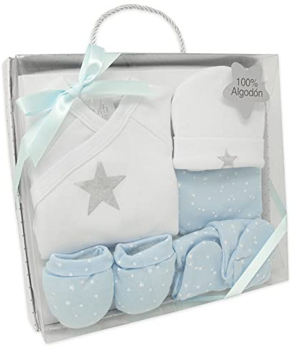 Duffi Baby Set Primera Puesta Bebe Recien Nacido 5 Piezas. Set Regalo Bebe. Conjunto Primera Puesta Bebe Chaquetita Polaina Gorro Babero Manoplas. 100% Algodon Modelo Estrella Plata Color Azul 0983-12