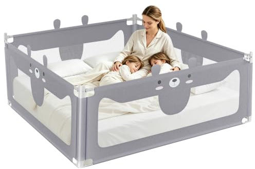 NAIZY Rausfallschutz 150cm Bett Bettgitter Baby Bettschutzgitter mit Höhenverstellbar Kinderbettgitter für Kinderbetten, Elternbetten & Alle Matratzen Massivholzbetten, Bär Grau
