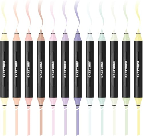 Molotow Sketcher Twinmarker Pastell Kit (Brush Tip & 3mm Keilspitze, farbintensive Aqua Pro Tinte, satte Farben, Anwendung auf Papier) 12 Stifte pastell Mehrfarbig