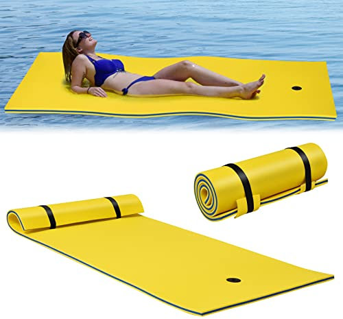 COSTWAY Tapis Flottant en Mousse XPE Capacité Portante 100 KG, Matelas Flottant avec Oreiller Enroulé avec Attache Élastique de 1,52M, pour Mer Piscine Lac, 220 x 90 CM (Jaune)