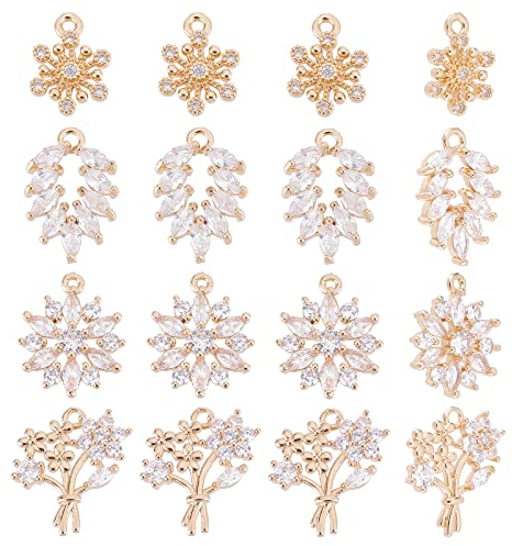 nbeads 16 Stück 4 Stile Blume Blatt Schneeflocke Zirkonia Charms, Leicht Vergoldete Messing Charms Pflastern Strass Charm Mikro Pavé Charms Für Die Schmuckherstellung Halsketten Armbänder Ohrringe