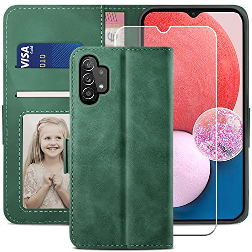 YATWIN Handyhülle Kompatibel mit Samsung Galaxy A13 4G/5G/A04S Hülle +1 Stück Panzerglas Schutzfolie, Klapphülle A13 Premium Leder Brieftasche Schutzhülle [Kartenfach][Stand] Handytasche Case, Grün