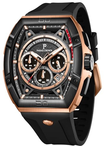 Paras Crown Uhren Herren Chronograph mit 3 Zifferblättern, Datum & Stoppfunktion, Japanischem Quarz – Uhr für Herren Armbanduhr, Silikonarmband, 5ATM wasserdicht & Leuchtzeiger