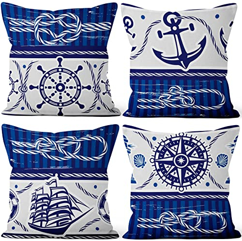 Aoihrraan 41x41cm 4er Set Dekorativ Nautisch Segeln Kissenbezug Navy Blau Weiß Anker Navigation Kompass Segelboot Zierkissenbezug Quadratische Couchkissen Dekokissen Schlafzimmer Draussen Sofa Couch
