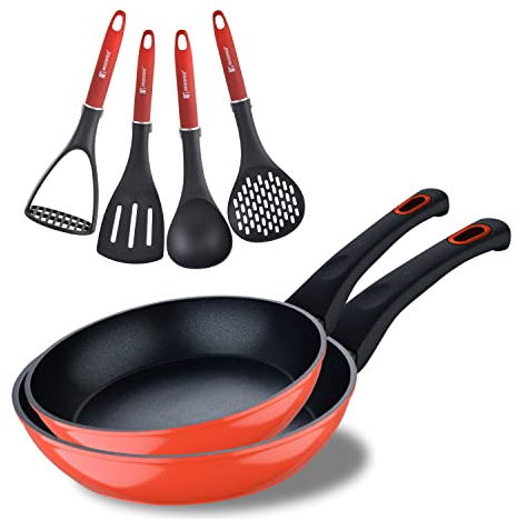 BERGNER Classique | 2er Set Bratpfannen 20 und 24 cm + Utensilienset | Aus geschmiedetem Aluminium | Antihaftbeschichtete Pfannen und widerstandsfähige Utensilien | Für alle Herdarten geeignet : Rot