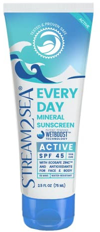Stream2Sea Crème solaire minérale active SPF 45 Every Day | 75 ml – Crème solaire biodégradable et sans danger pour les récifs pour le visage et le corps | Protection minérale non grasse, légère et