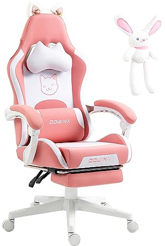 Dowinx Gaming Stuhl - Süße Katze Edition - Ergonomischer Computerstuhl mit Hoher Rückenlehne und Lendenwirbelstütze, PU-Leder, Fußstütze,Rosa