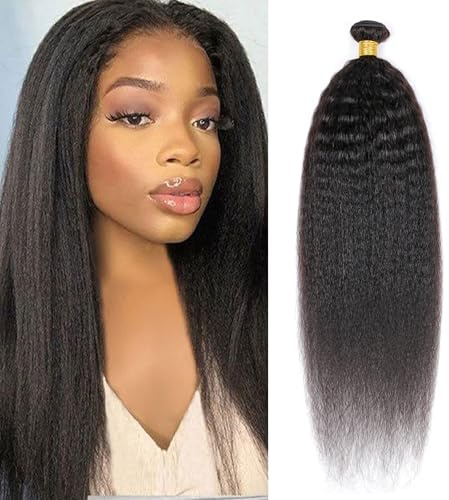 Kinky Straight Human Hair 1 Bundles Natural Black ，Yaki Straigh Brazilian Virgin Remy Hair， Grade 10A 100% Unprocessed Kinky Straight Human Hair Extensions (24 Inch, Single Bundle)