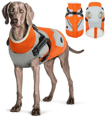 Hjyokuso Wasserdichter Hundemantel, Hundejacke mit Geschirr, Hundejacken für kleine Mittel Große Hunde, Winddichte Haustierkleidung Outfit mit Reflektierender Streifen und Reißverschluss - Orange XL
