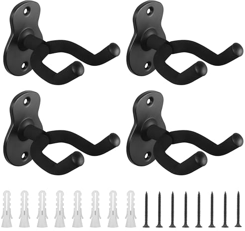 BELLE VOUS (4er Pack Schwarze Wandhalterung Gitarre mit Schrauben - Wandhalterung Haken für Akustik- und E-Gitarren - Geeignet für die Meisten Größen - Bass, Mandoline, Banjo & Ukulele Wandhalterung