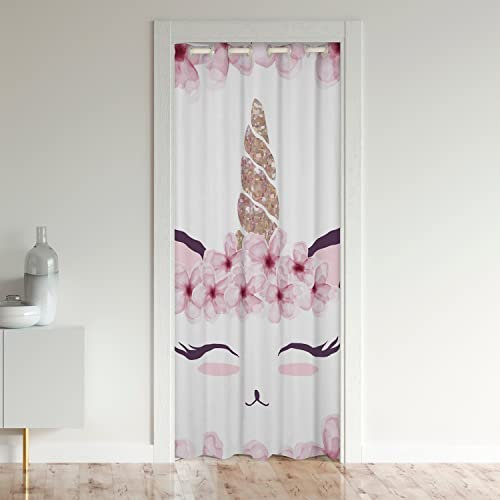 Enfants Licorne Rideau de Porte 106x203cm Fantastique Cheval Rideaux Interieur Salon Chambre Fille Cute Licorne Rideau Occultant Rose Cerises Floraison Rideaux Exterieur d'entrée