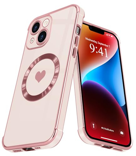 L-FADNUT Coque Magnétique pour iPhone 14 Anneau Magnétique Intégré Rose | Motif Cœur Silicone Galvanisé Antichoc Protection de l'objectif Améliorée