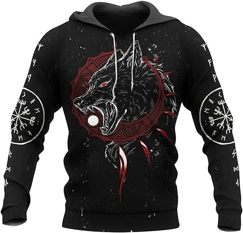 LOUSON Viking Pullover Hoodies für Männer Nordic Wolf Hoodies Sweatshirt Vintage Gym Hoodies für Männer 3D-Druck Workout Hoodies,Sweatjacke Herren mit Kapuze (Color : Hoodie B, Size : XL)