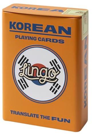 Juego de cartas en caja de lata | Estuche de viaje resistente | Juego de aprendizaje de idiomas Hangul con frases útiles | Divertida baraja visual coreana para aumentar las habilidades de vocabulario