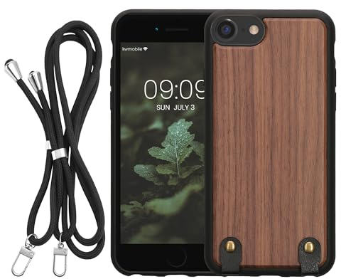 kwmobile Necklace Case kompatibel mit Apple iPhone SE (2022) / iPhone SE (2020) / iPhone 8 / iPhone 7 Hülle - Holz TPU Cover mit Handykette - Band Handyhülle Dunkelbraun