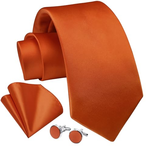 Enlision Krawatten für Herren Krawatte Orange Hochzeit Einfarbige Krawatte mit Einstecktuch und Manschettenknöpfe Set Schlips Elegant