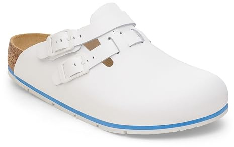 Birkenstock Damen Herren Kay Pro Hausschuhe Leder Pantoletten - Clogs - Zertifiziert nach Norm EN ISO 20347:2022 - Berufsschuhe für Medizin, Gastronomie und Service - Weiß - 37