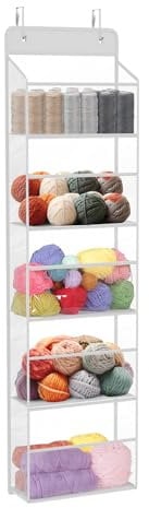 Univivi Door Hanging Sewing Storage Organiser, Knitting and Crochet Organiser Sewing Ball Storage with 5 Clear Plastic Pockets & 2 Big Metal Hooks for Knitting Needles, Crochet Hooks, Sewing Balls