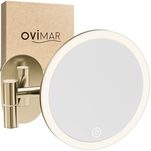 Ovimar Cosmétique Blavand Or | Éclairage | Rechargeable | Montage Mural sans Perçage | Salle de Bain | Miroir Grossissant 5X | Miroir de Maquillage 360°
