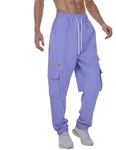 QWUVEDS Pantalones cargo para hombre, ajuste relajado, pantalones deportivos, pantalones de jogger, pantalones de chándal con cordón, pantalones de exterior con bolsillos, pantalones de verano negros,