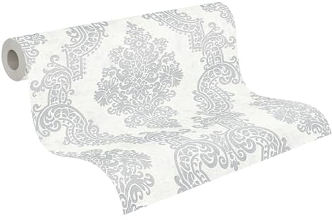 A.S. Création Pure Elegance Vliestapete mit Ornamenten 0,53 x 10,05 m – Weiß, Grau - Barocktapete Made in Germany - 397655