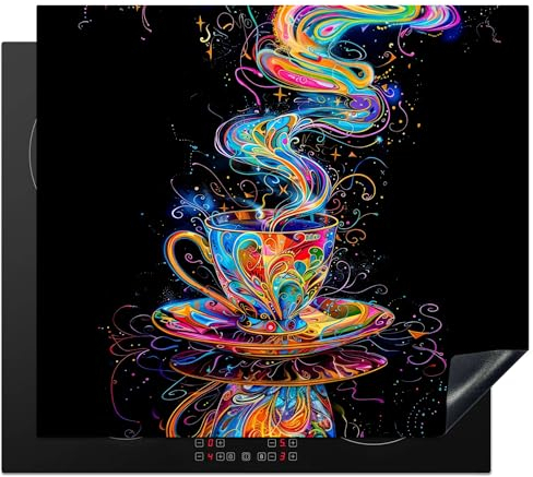 KitchenYeah© Herdabdeckplatte 60x52 cm Einteilig Abdeckplatten Cerankochfeld Abdeckung Ceranfeld Herdplattenabdeckung Induktionsmatte Kaffee - Bunt - Schwarz - Tasse