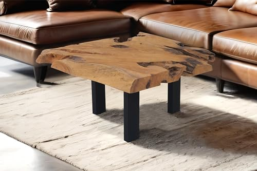 SAM Couchtisch Ibiza, Beistelltisch aus Baumwurzelholz, Teakholz massiv + Natur, Sofatisch mit Metallbeinen schwarz, 80 x 80 x 40 cm