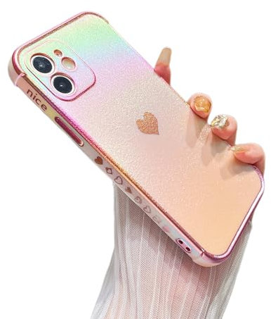 ZTOFERA for iPhone 12 Case 6.1 inch,Cute Colorful Iridescent Plating Edge Case with Love Hearts Pattern,Camera Lens Protection Shockproof Phone Case for Women Girls,Iridescent Pink