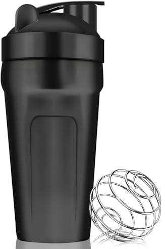 ROCKY&CHAO Shaker Proteinshake 900ml Edelstahl Protein Shaker Protein Eiweiß Shaker Becher mit Kugel Shaker Eiweiß Sport Fitness Bottle für Eiweiß, Diät und Fitness Shakes(mit Schnappdeckel |Schwarz)