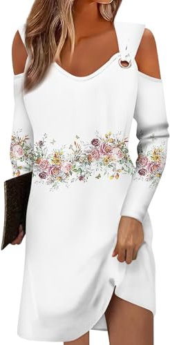 Temu Shop Kleidung Damen Sommerkleid Lang Strawberry Dress Sommerkleid+Damen Blumen Bedruckt V-Ausschnitt Strandkleid Langarm Rückenfrei Hippie Kleid Rückenfreies