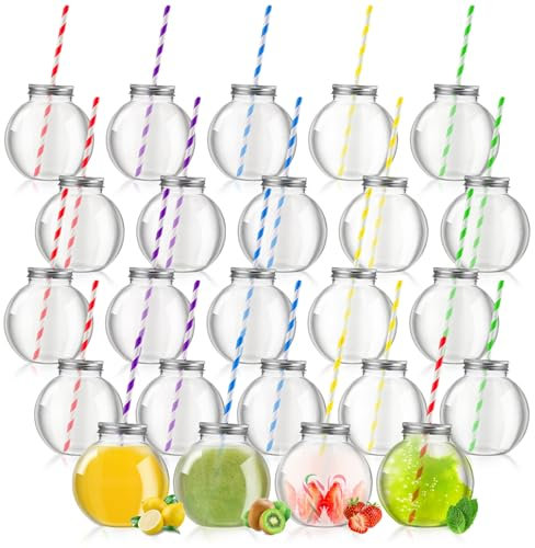 Yaomiao 24 Pcs 10 oz Mini Plastic Fish Bowl Ornament Cups for Drinks Clear Spherical Potion Bottles with Lids and Straws Bulb Cups for Christmas Carnival Candy Party Decorations (Multicolor)