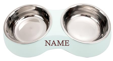 CQSXM Futterstation mit Name Personalisiert für Hund oder Katze, Futter-Napf Katze doppel Rutschfester Futternapf - mit abnehmbaren Näpfen 2 Edelstahl Fressnäpfe x 250ml (Grün)