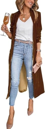Women Velvet Blazer Jackets Long Velvet Duster Kimono Coat Open Front Velour Vintage Sweater (Brown,S)