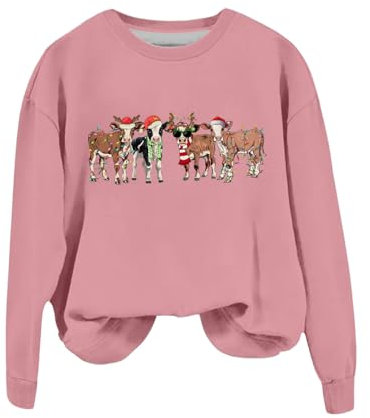 Felpa da donna autunno/inverno 2024 sottile con stampa natalizia casual girocollo a maniche lunghe con cappuccio top da donna pullover aderente con cappuccio, rosa, L