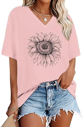 Oversized T Shirts For Women V Neck Summer Tops Loose Graphic Tees | soft and breathable, relaxed fit short sleeve basic tshirts, baggy floral printed tops, casual daily wear for lounging