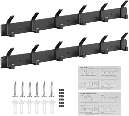 zgpzlhd Porte Manteau Mural Lot de 2, Patères Porte Manteaux Crochet Mural Antirouille avec 6 Crochets, Patère Murale Porte-Manteau Mural pour Cuisine, Salle de Bain et Chambre, Noir